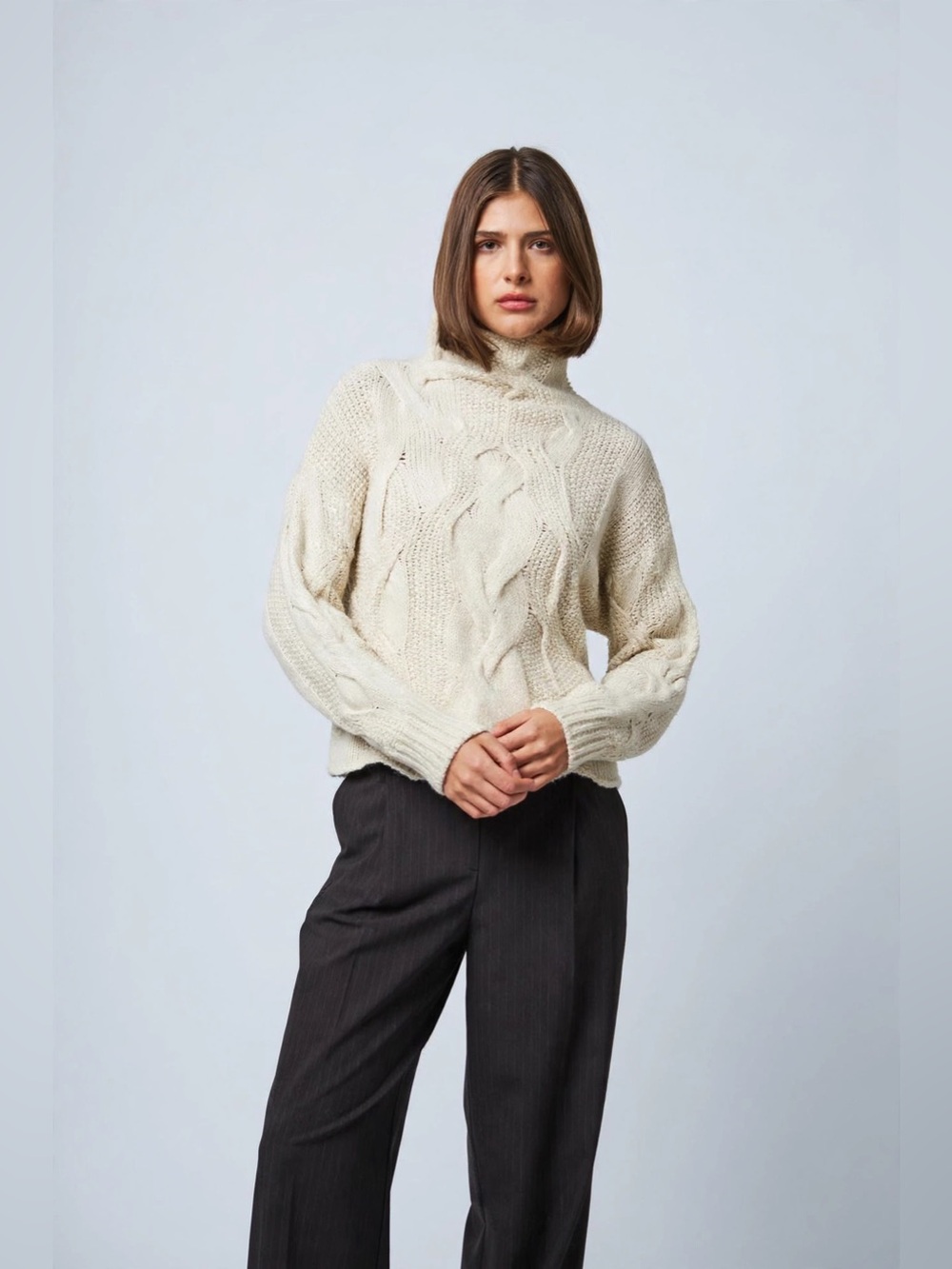 LINE Oversized Cream Cable-Knit Mock-neck Sweater XS